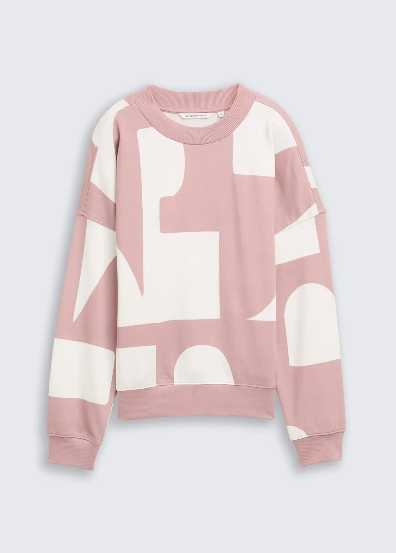 Tom Tailor Loose Fit Sweatshirt With Pattern Rose White Big Scale Print