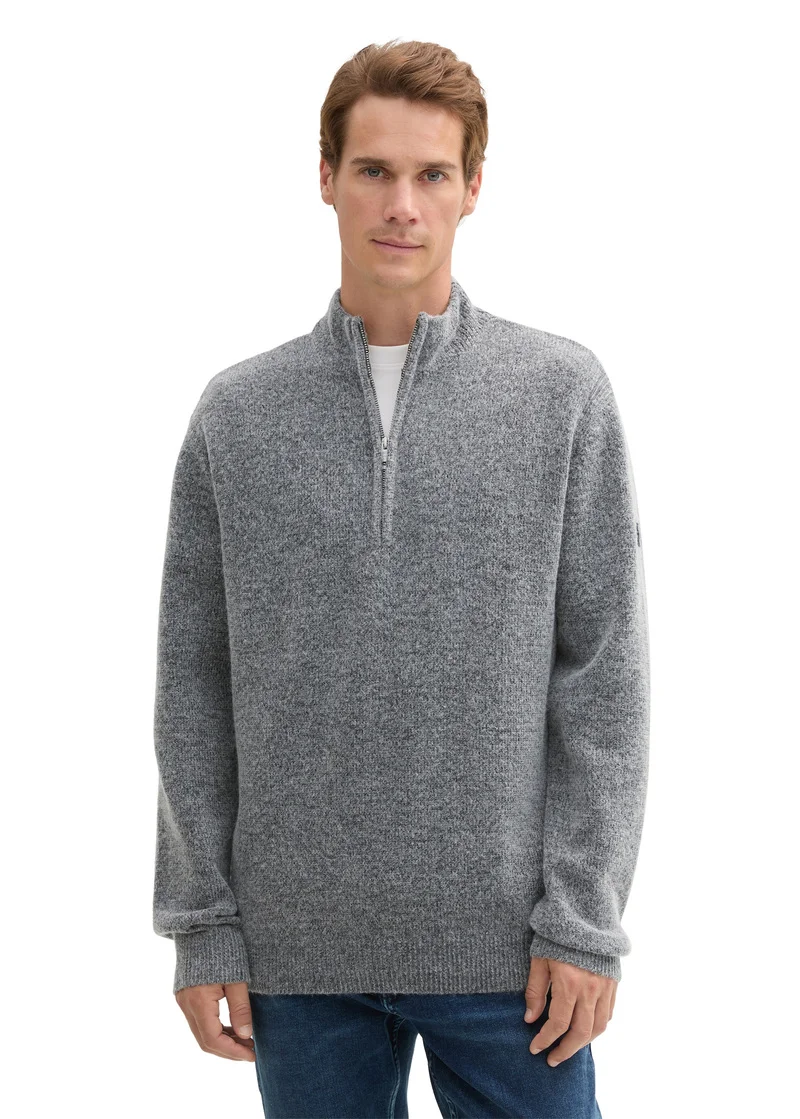 Tom Tailor Troyer Knitted Jumper Light Stone Grey Black Core