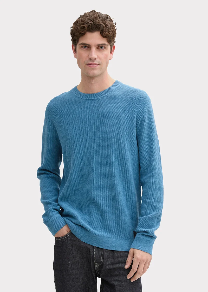 Tom Tailor Textured Round Neck Sweater Ocean Blue Melange