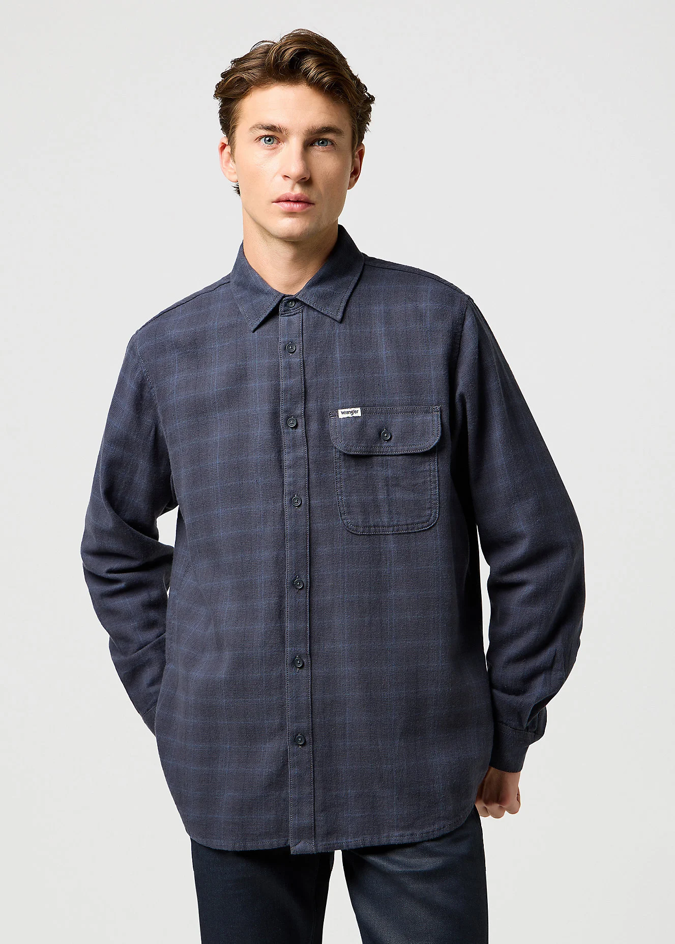 Wrangler One Pocket Flannel Shirt Midnight Grey Check