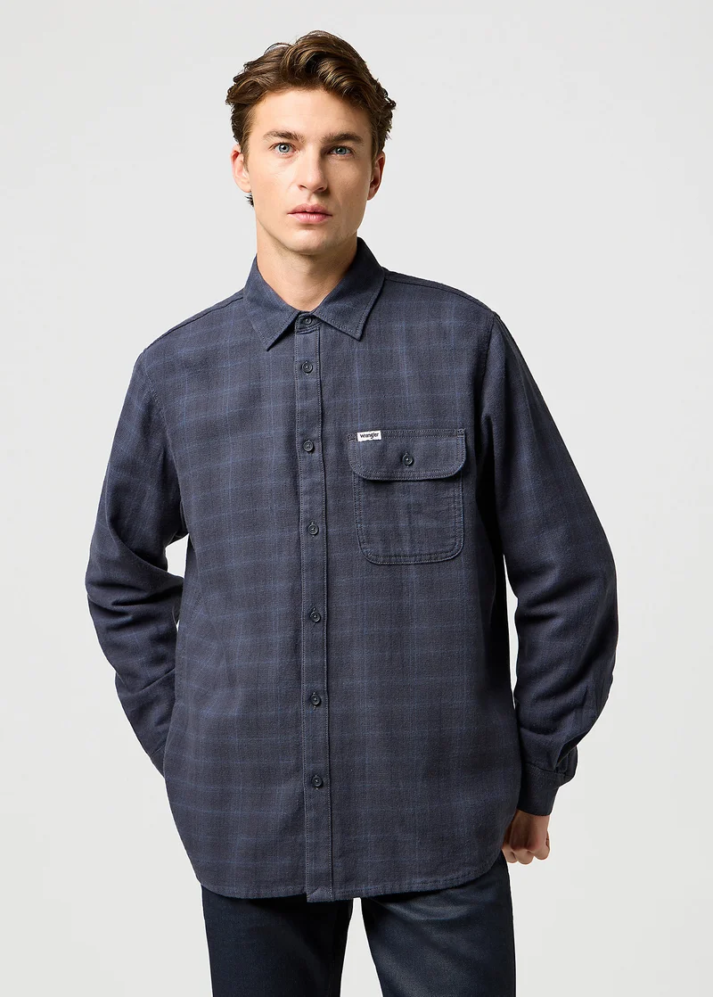 Wrangler One Pocket Flannel Shirt Midnight Grey Check