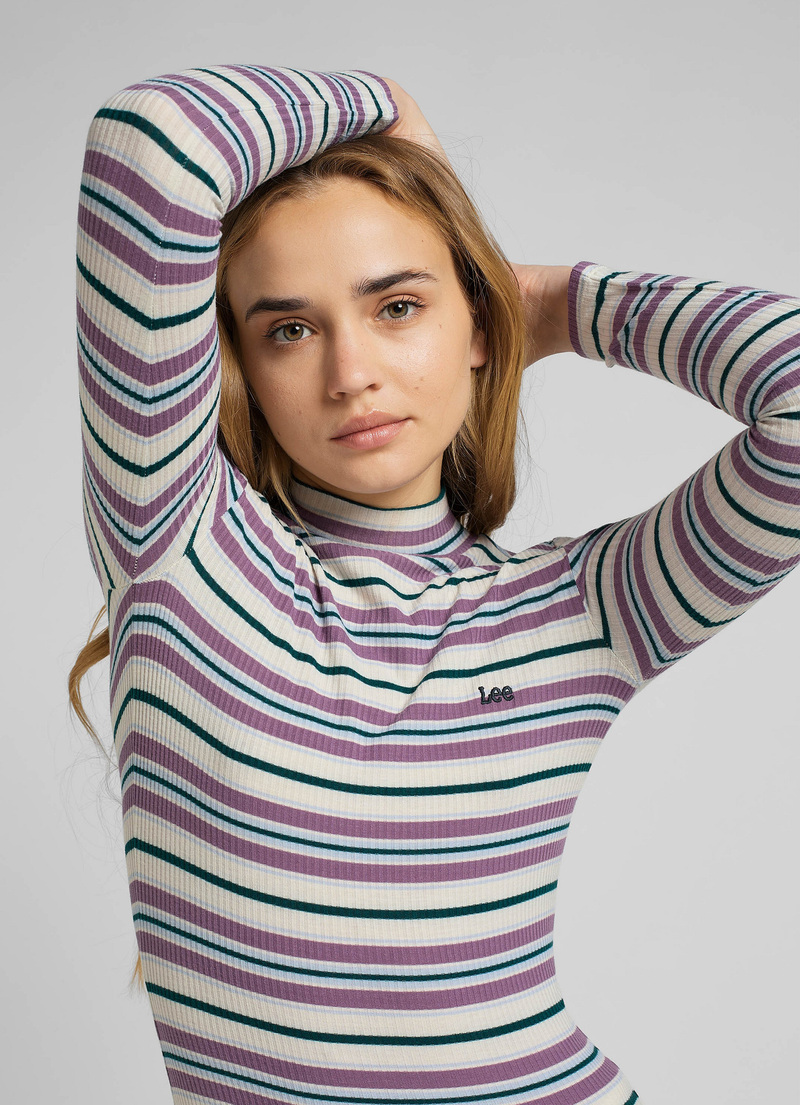 Lee Ribbed Long Sleeve Striped Tee Ecru - L40HIQDN