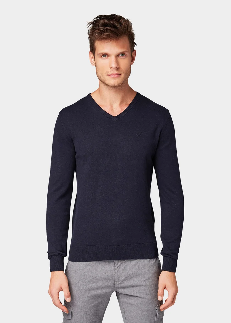 Tom Tailor Basic V Neck Sweater Knitted Navy Melange