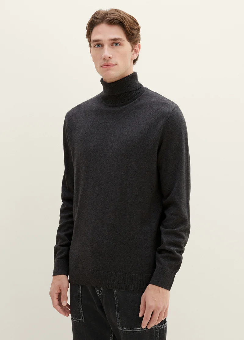 Tom Tailor Basic Knitted Sweater With A Turtleneck Black Grey Melange