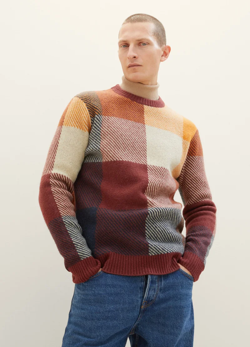 Tom Tailor Knitted Sweater With A Check Pattern Orange Colorful Block Check