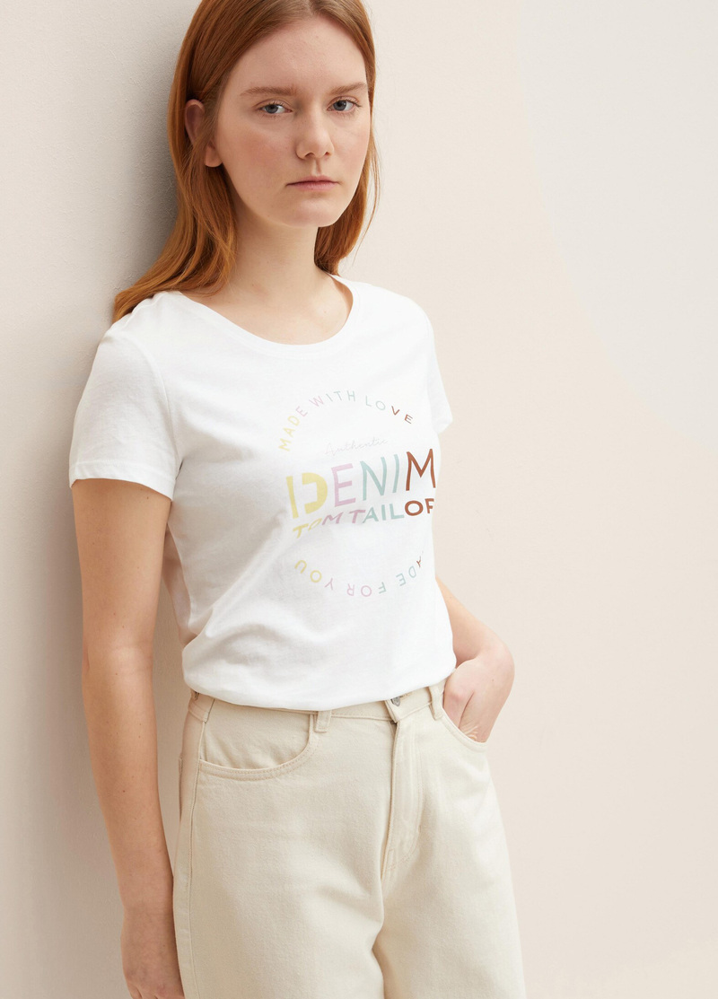 Denim Tom Tailor T Shirt With Logo Print Off White - 1033413-10332