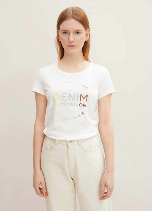 Denim Tom Tailor T Shirt With Logo Print Off White - 1033413-10332