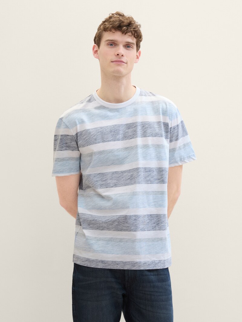 Tom Tailor C Neck T Shirt Navy Grey Mint Block Stripe - 1041790-35652