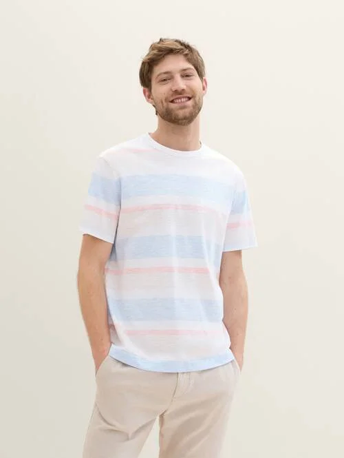 Tom Tailor C Neck Tshirt Blue Beige Blockstripe