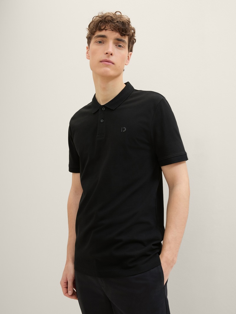 Denim Tom Tailor Basic Polo Shirt With A Logo Print Black - 1041184-29999