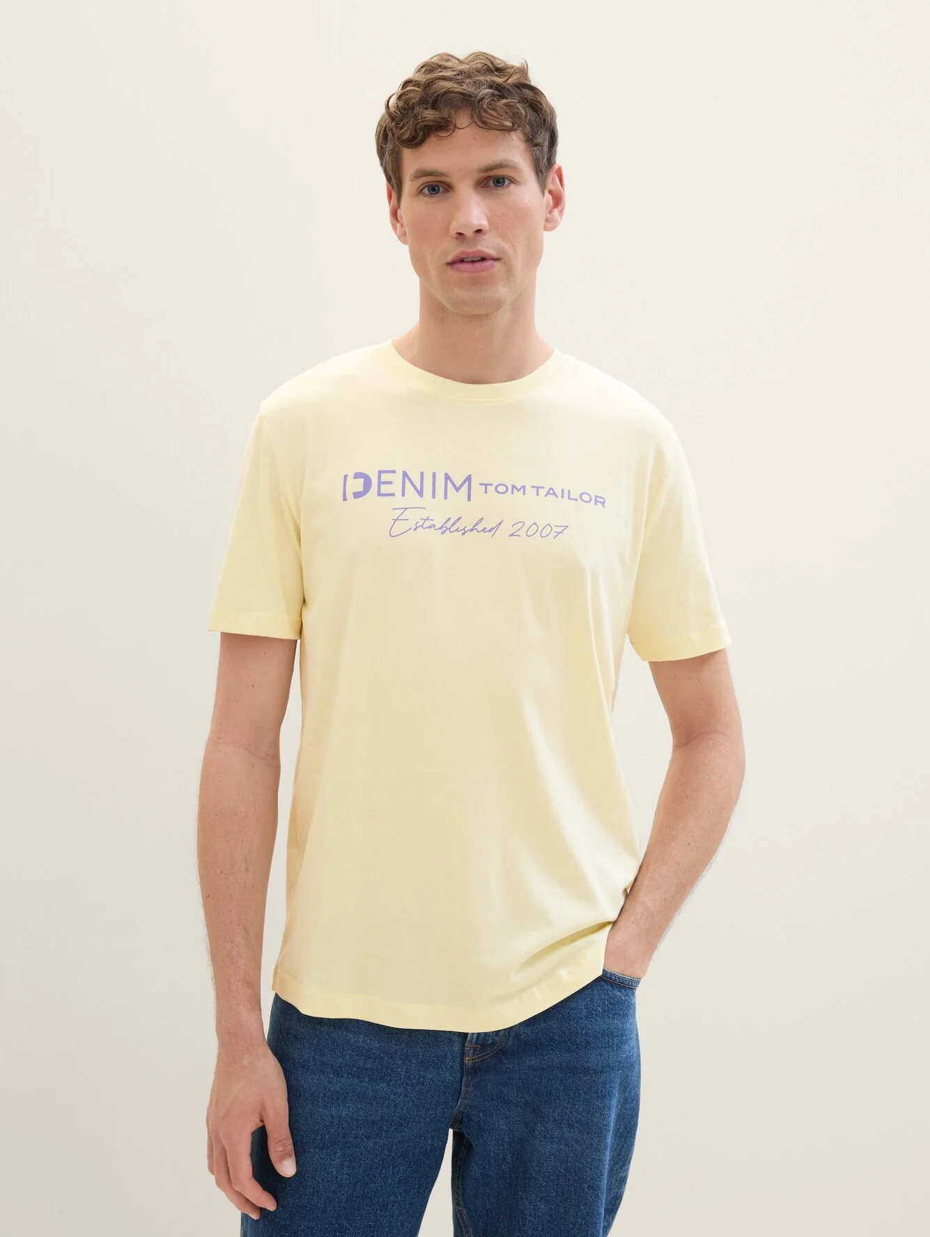 Denim Tom Tailor Logo T Shirt Pastel Light Yellow