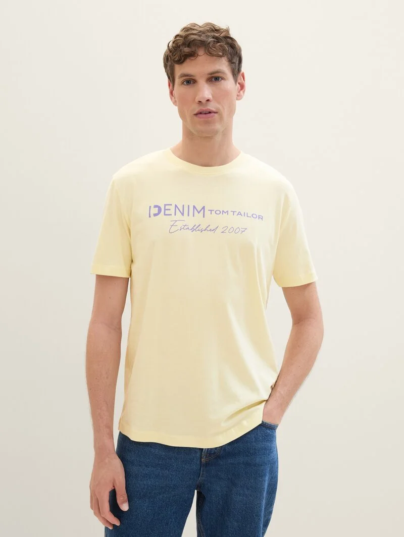 Denim Tom Tailor Logo T Shirt Pastel Light Yellow