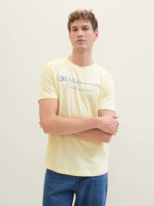 Denim Tom Tailor Logo T Shirt Pastel Light Yellow