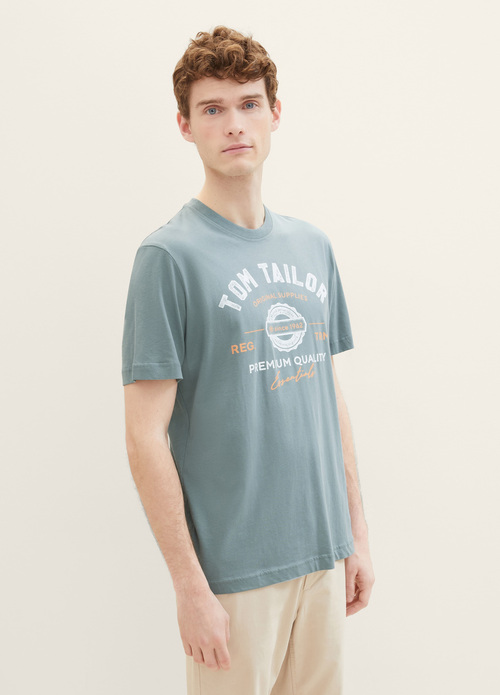 Tom Tailor T Shirt With A Logo Print Grey Mint - 1037735-27475