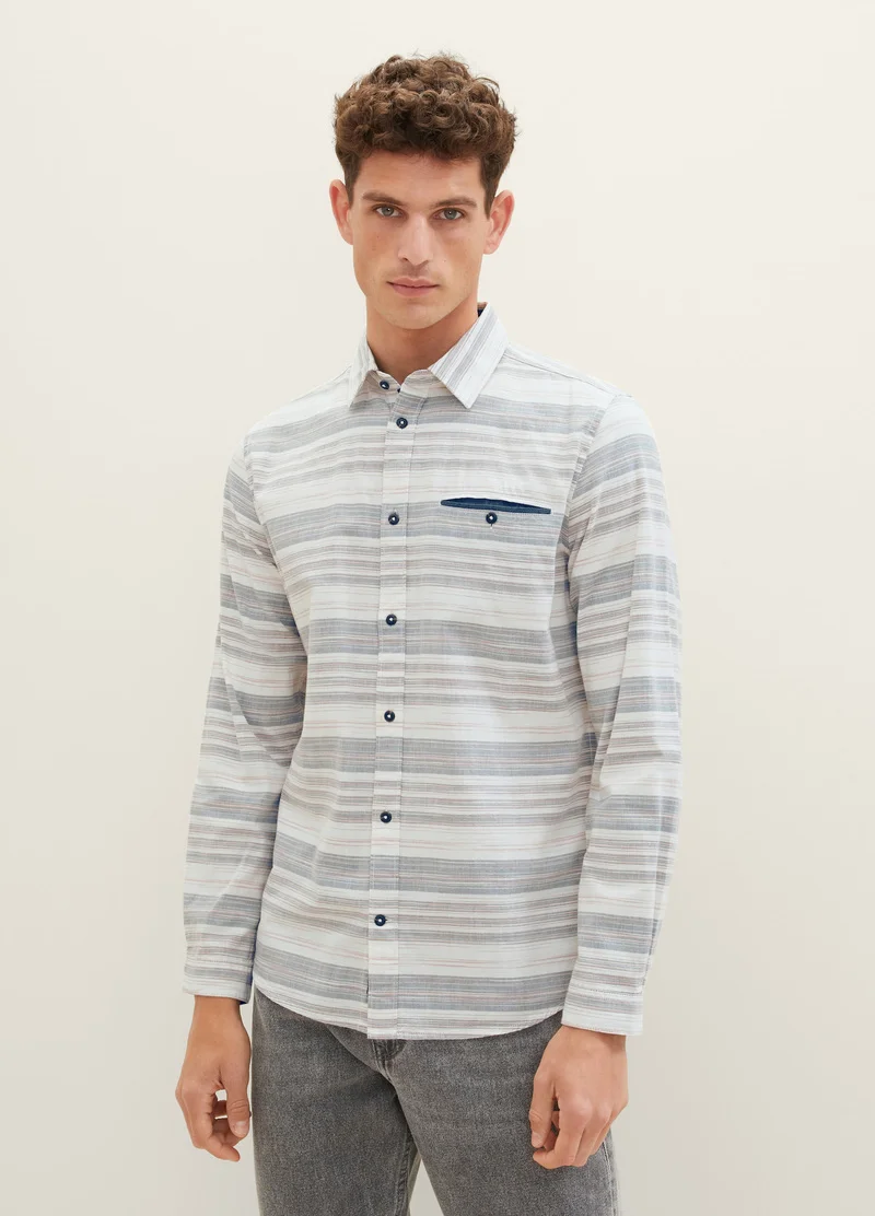 Tom Tailor Patterned Shirt Beige Irregular Cross Stripe