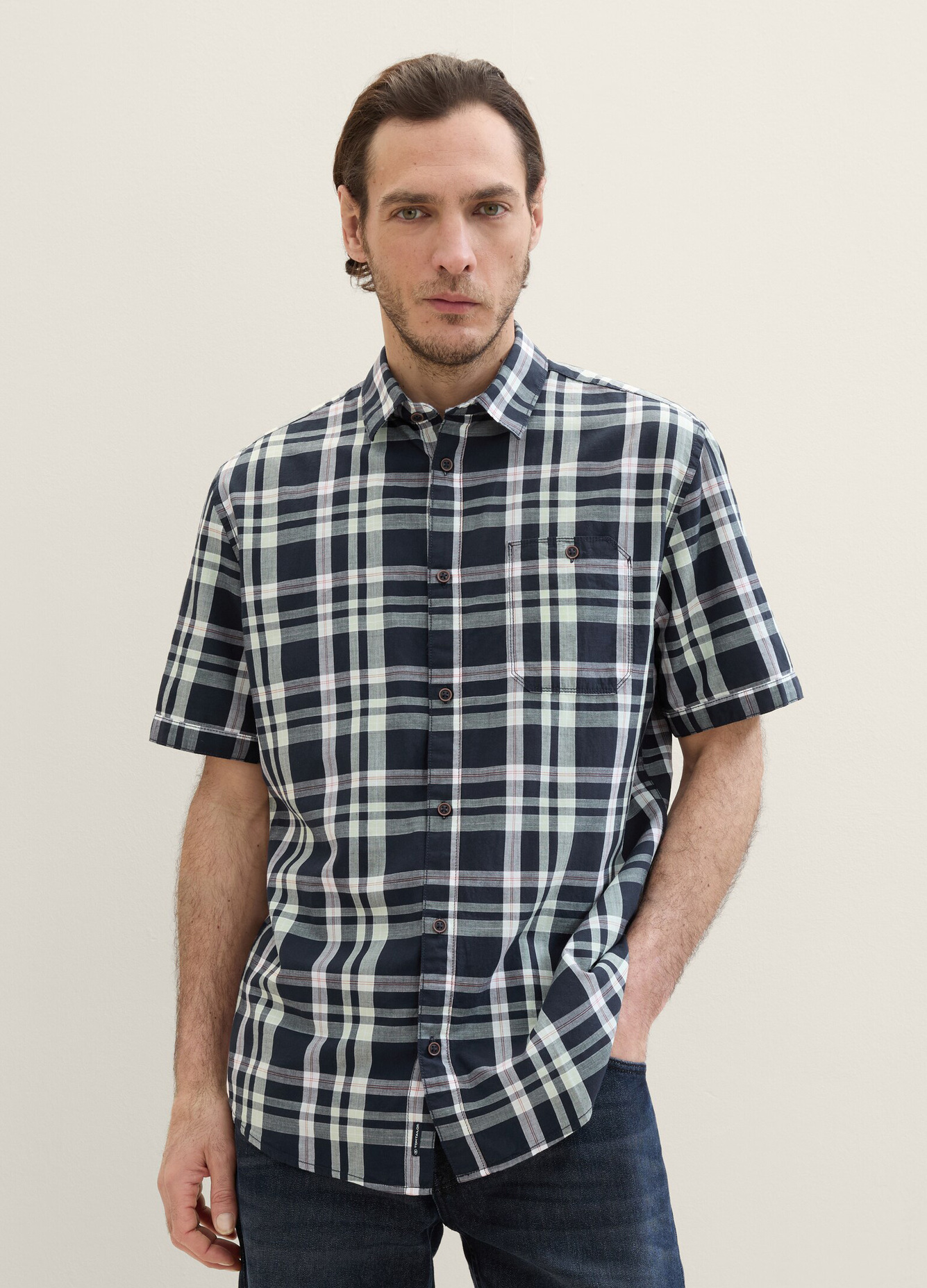 Tom Tailor Short Sleeve Shirt Navy Base Check - 1040458-35389