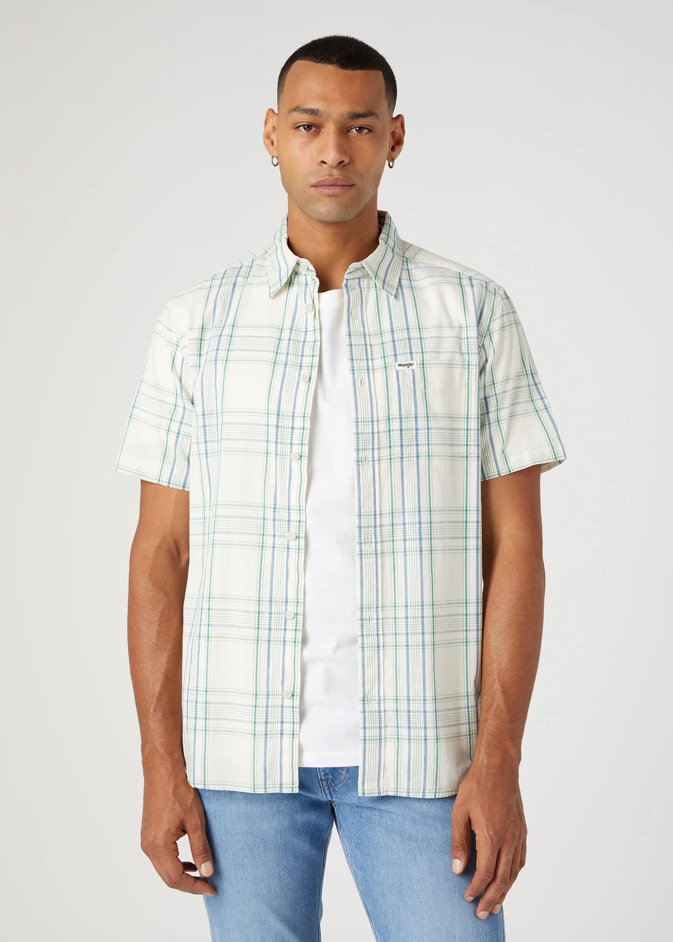 Wrangler Short Sleeve 1 Pocket Shirt Captains Blue Check