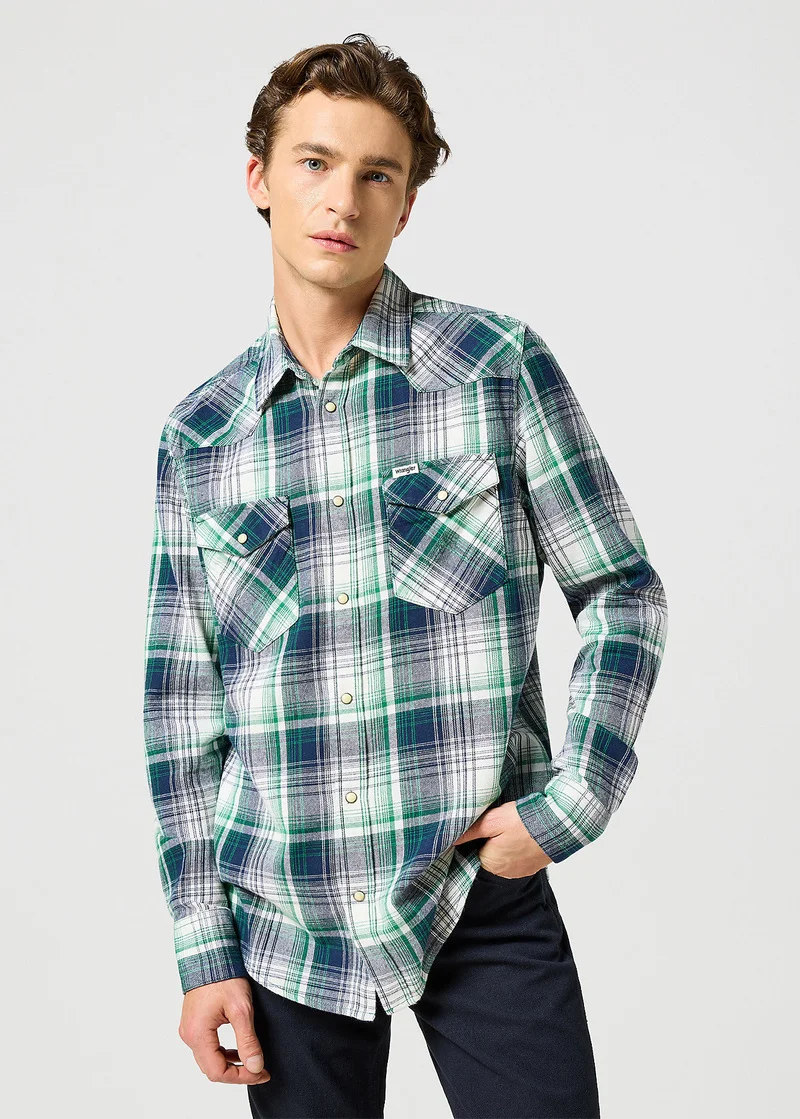 Wrangler Western Shirt Green Blue Check