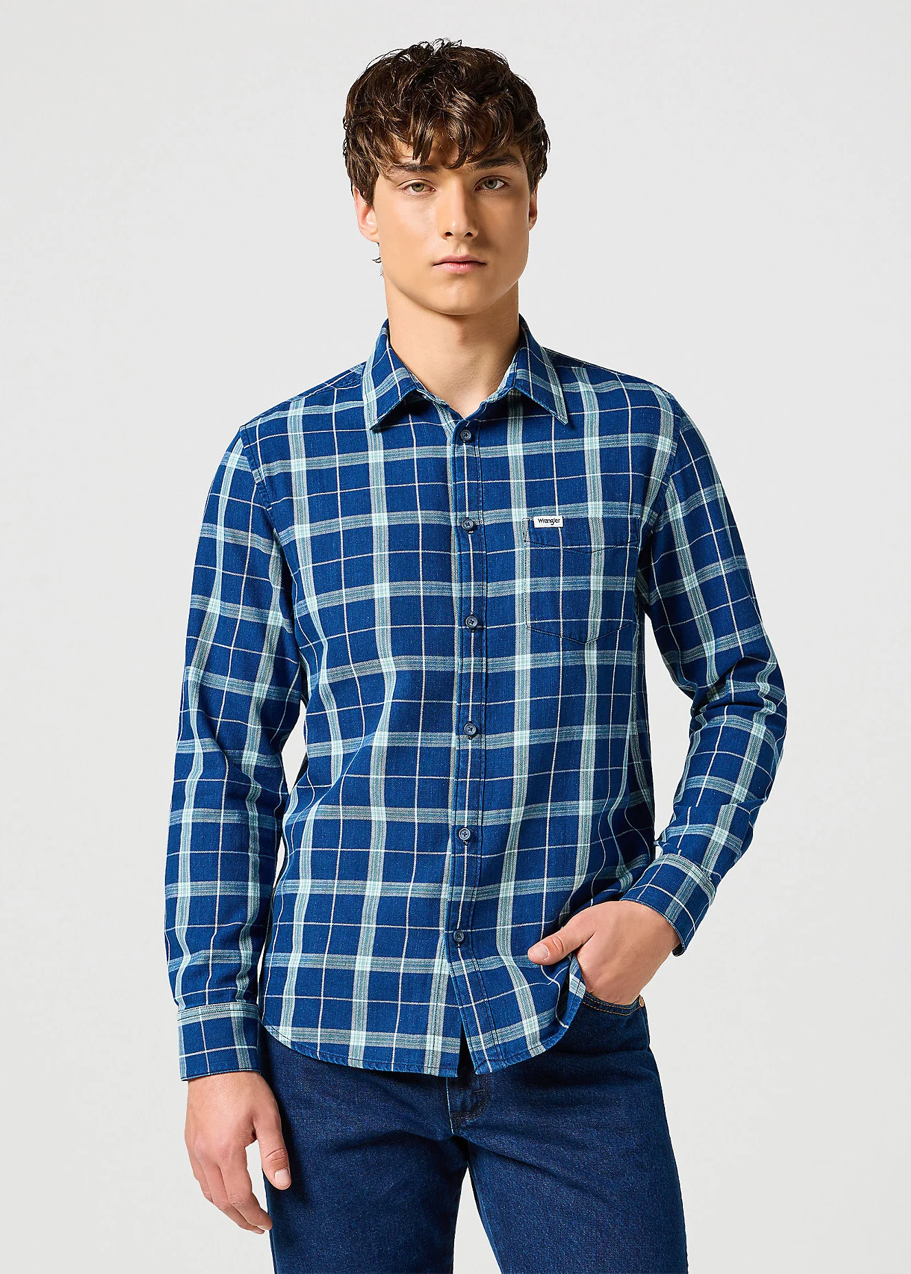 Wrangler One Pocket Shirt Green Indigo Check