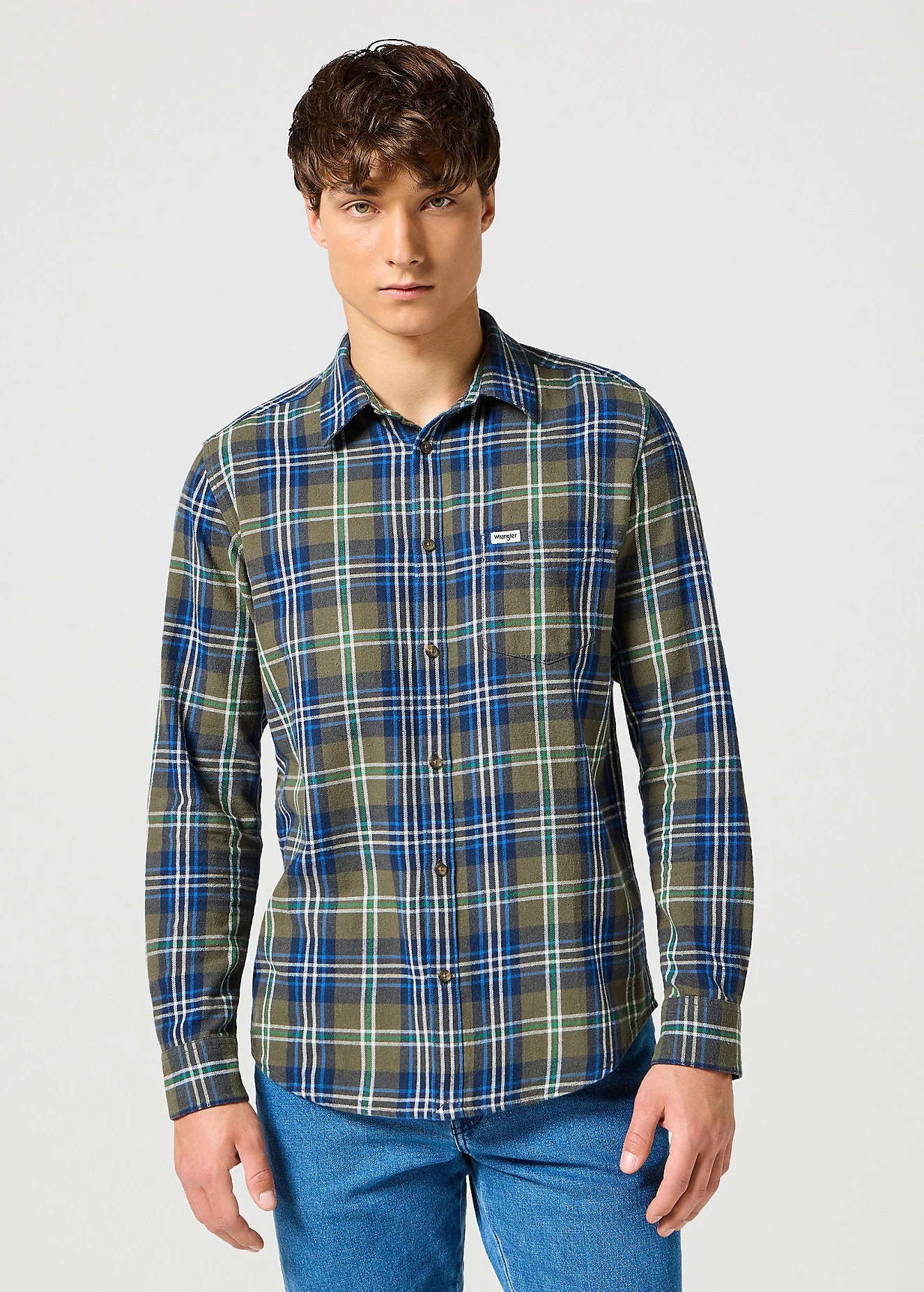 Wrangler One Pocket Shirt Green Blue Check