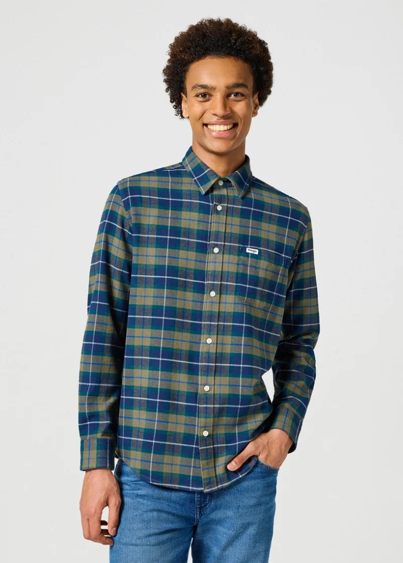 Wrangler One Pocket Flannel Shirt Dusty Olive Check
